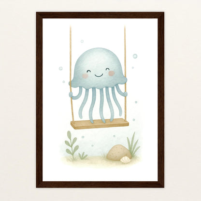 Quinn die Qualle - Motiv: "Schaukel" Poster mit Holzrahmen von tinylearner