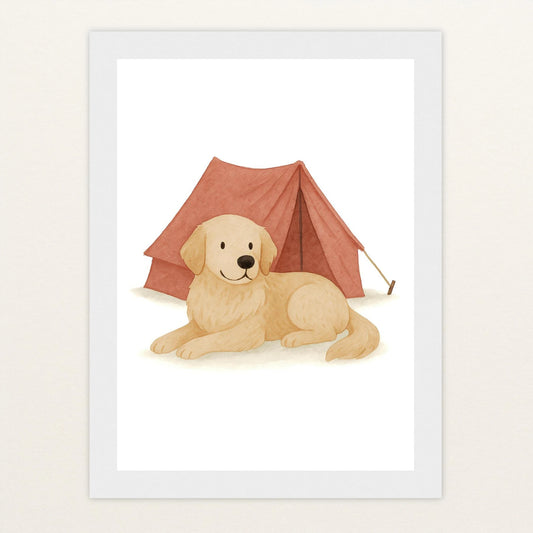 Hugo der Hund - Motiv: "Zelt" Poster mit Holzrahmen von tinylearner