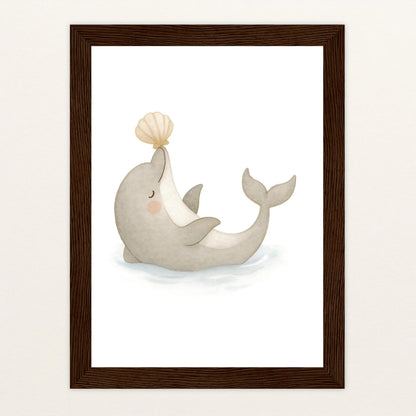 Dora der Delfin - Motiv: "Muschel" Poster mit Holzrahmen von tinylearner