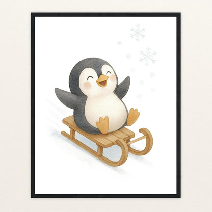 Pia der Pinguin - Motiv: "Schlitten" Poster mit Holzrahmen von tinylearner