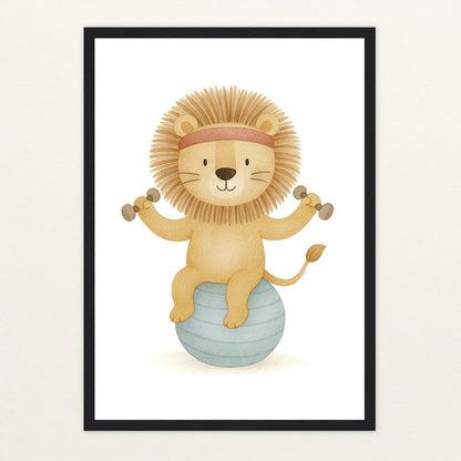 Leo der Löwe - Motiv: "Workout" Poster mit Holzrahmen von tinylearner