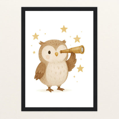 Emmi die Eule - Motiv: "Fernglas" Poster mit Holzrahmen von tinylearner