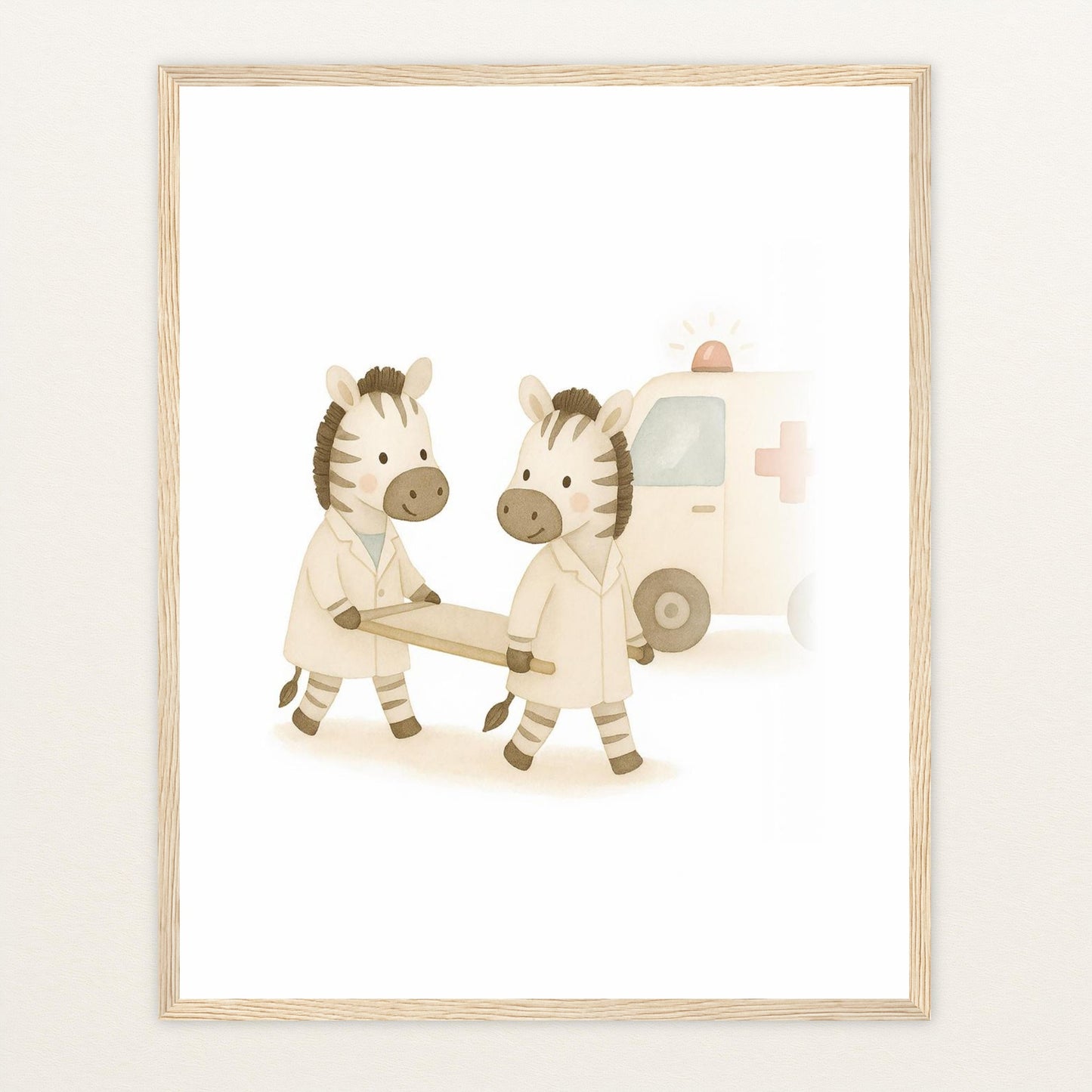 Zinni das Zebra - Motiv: "Krankenwagen" Poster mit Holzrahmen von tinylearner
