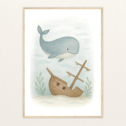 Willi der Wal - Motiv: "Schiffswrack" Poster mit Holzrahmen von tinylearner