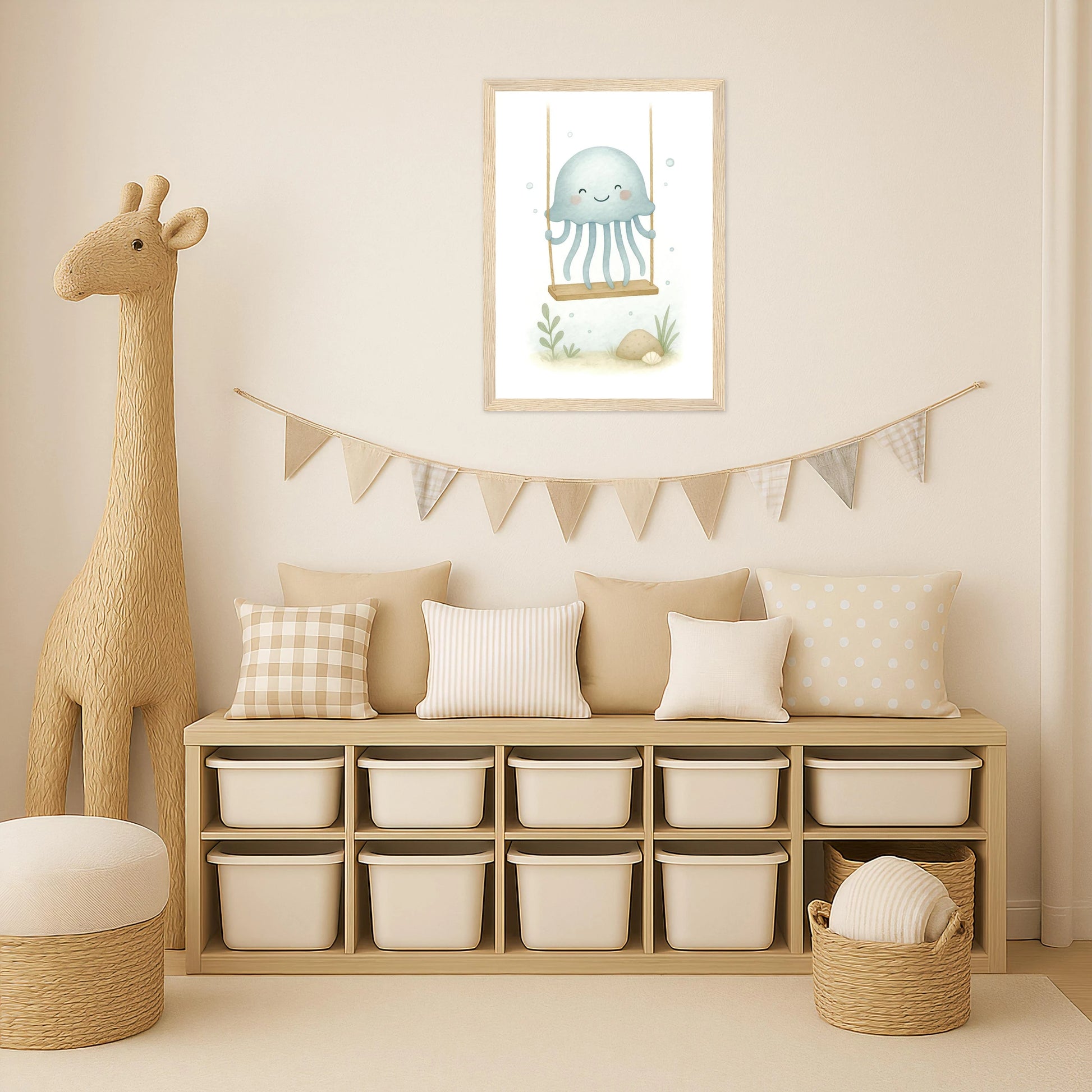 Quinn die Qualle - Motiv: "Schaukel" Poster mit Holzrahmen von tinylearner