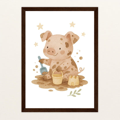 Susi das Schwein - Motiv: "Sandkasten" Poster mit Holzrahmen von tinylearner