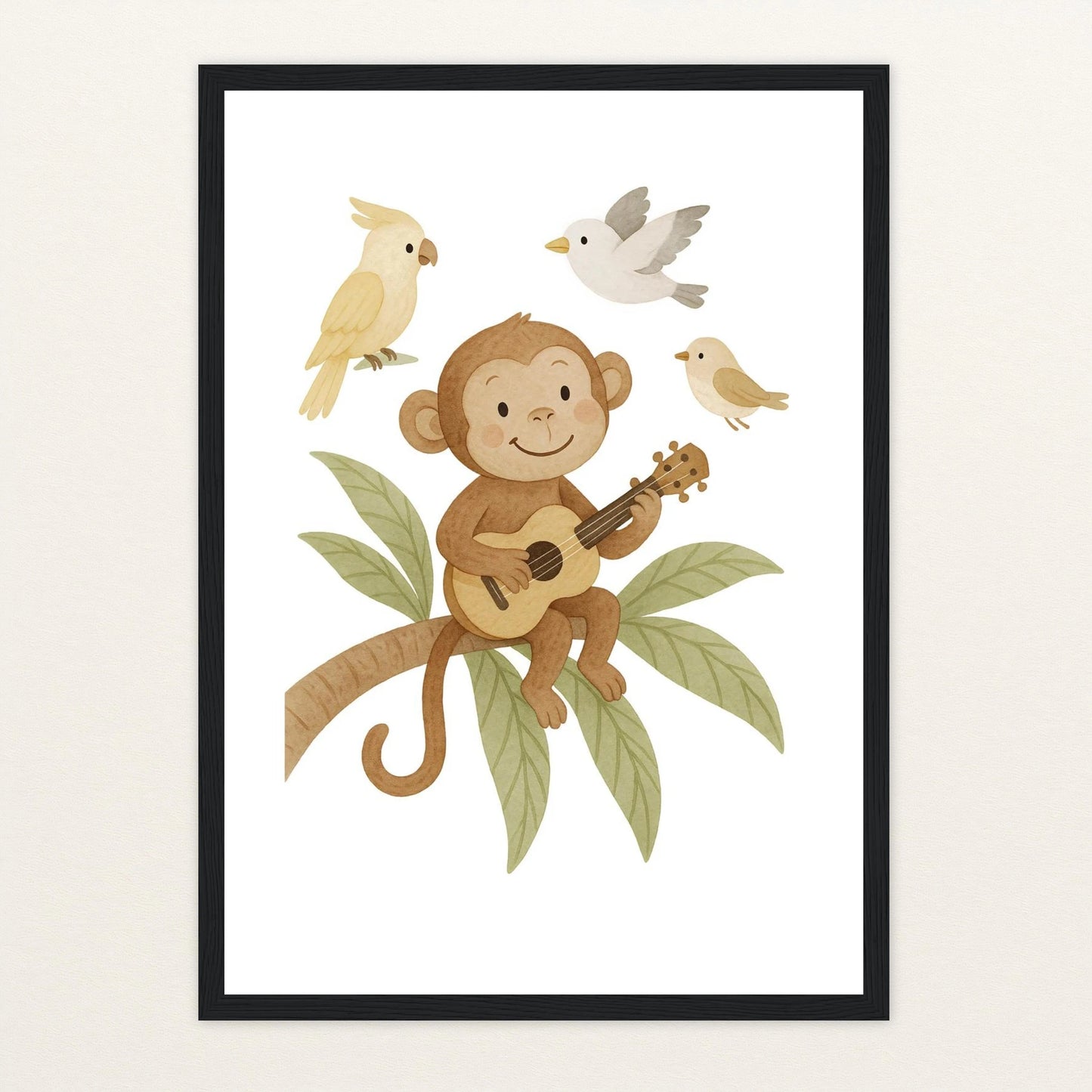 Aki der Affe - Motiv: "Ukulele" Poster mit Holzrahmen von tinylearner