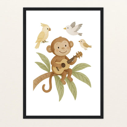 Aki der Affe - Motiv: "Ukulele" Poster mit Holzrahmen von tinylearner
